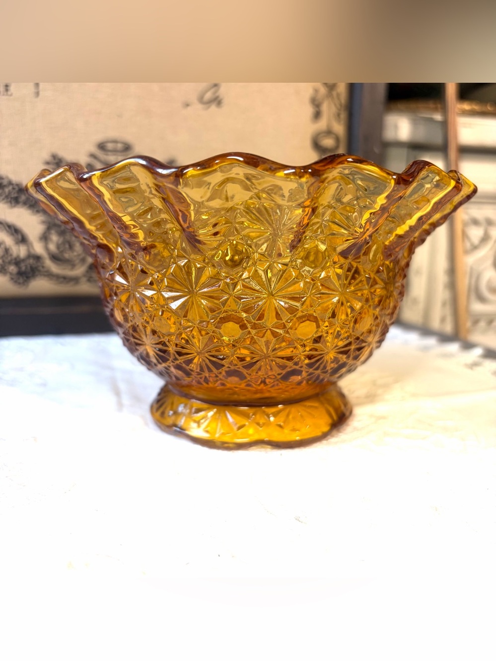 Vintage Fenton Amber Floral glass ruffled edge candy dish Autumn decor
